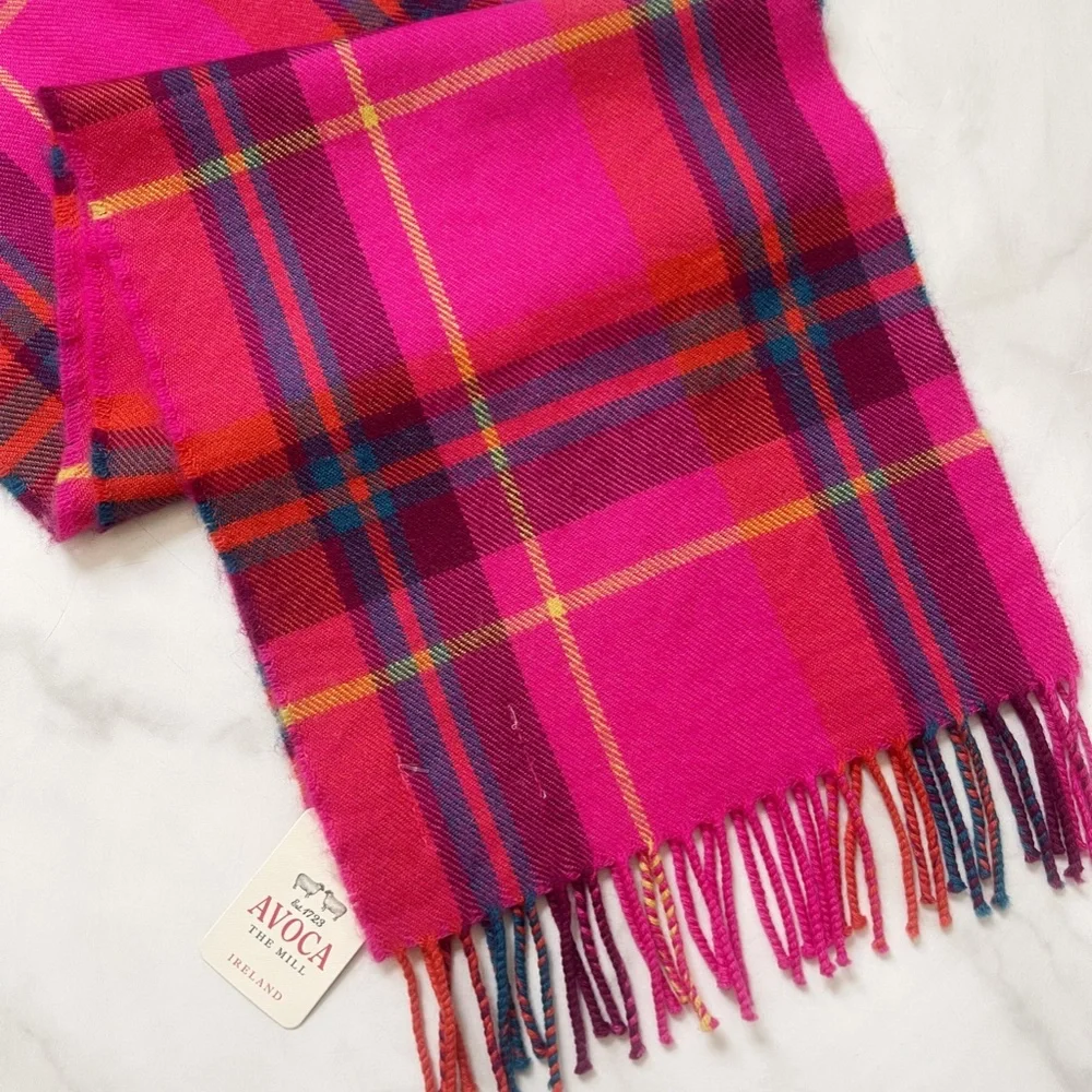Hot Pink Check Woven Merino Scarf from Avoca The Mill Ireland